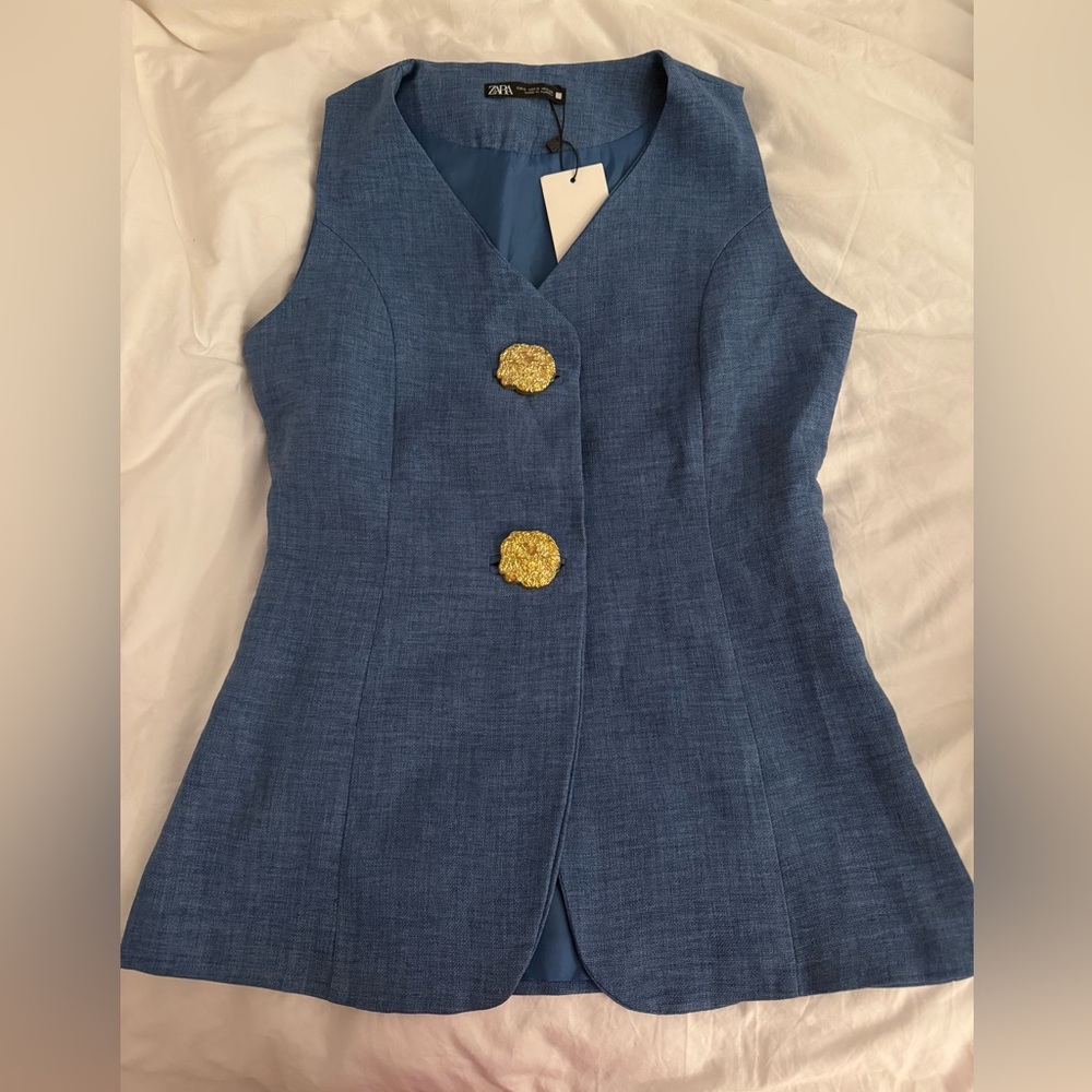 Zara Textured Blue Top with Gold Accent